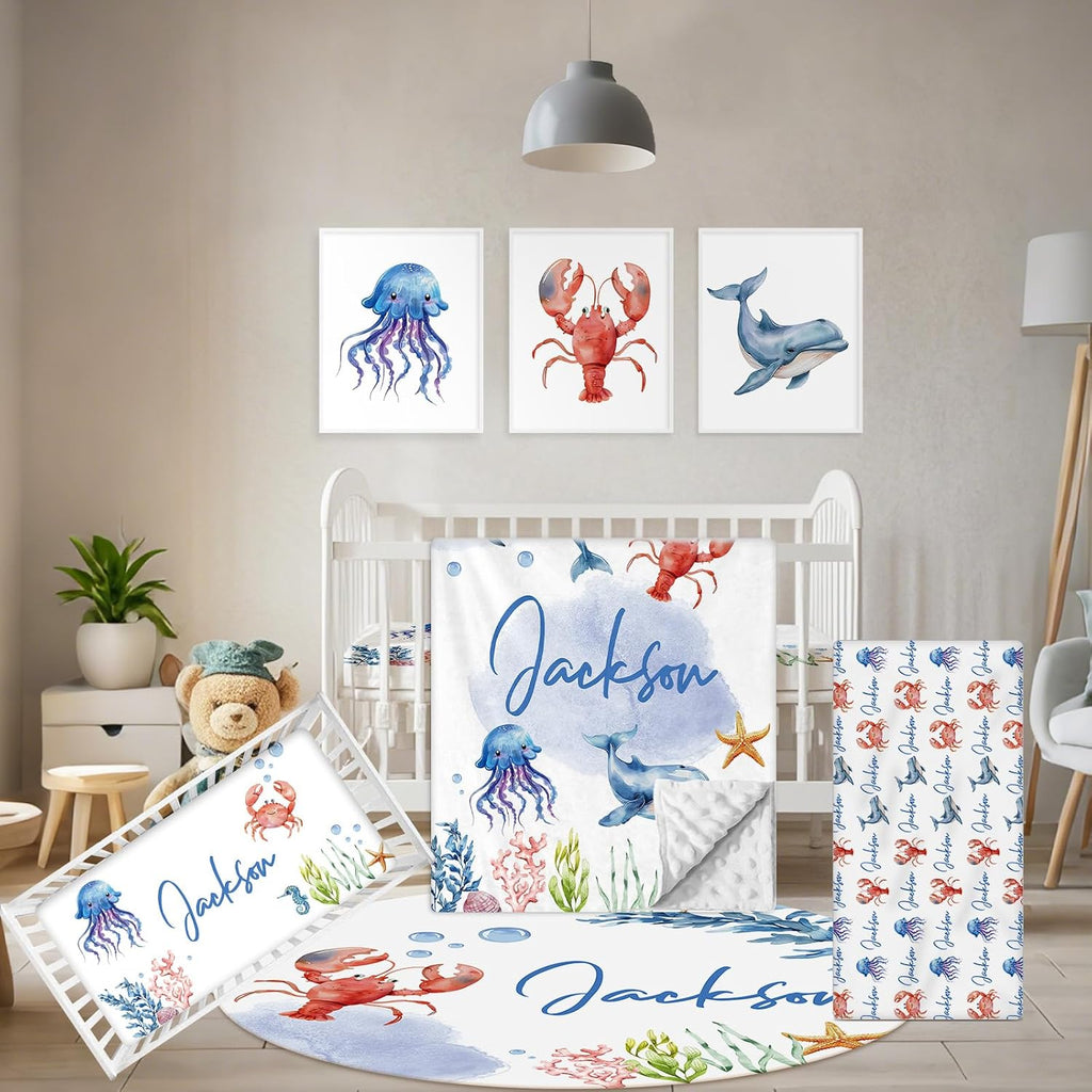 Terwex Personalized Crib Bedding Set, 5 Pcs Custom Name Nursery Bedding Sets, Marine Animals Infant Bedding Set for Baby Boy Girl, Double Layer Baby Crib Set, Babies Toddlers Kids Customized Gifts