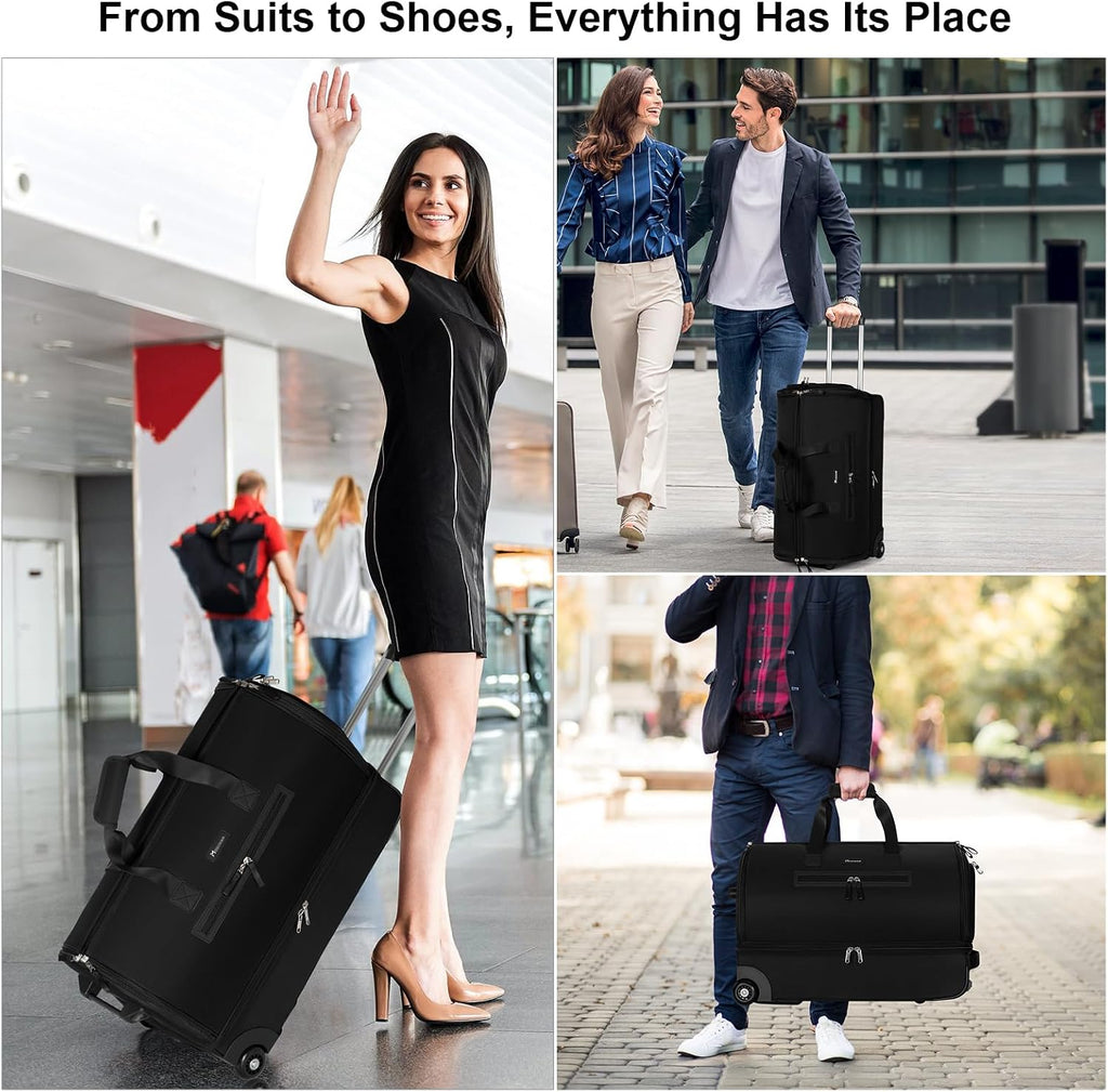 Modoker Convertible Rolling Garment Bag for Travel, Suit Travel Bag with Trolley, Garment Duffel Bag with Wheels & Shoes Compartment for Business Trip, Weekender - Black