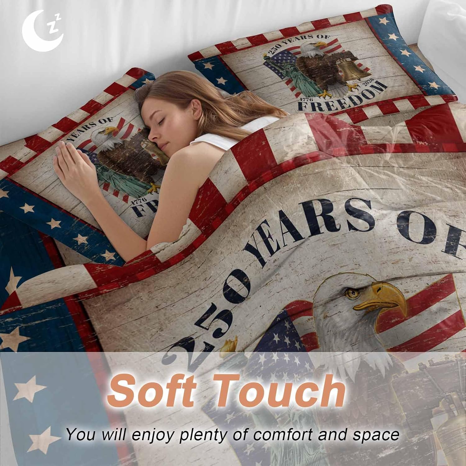250 Years of Freedom Duvet Cover Set Queen Size 4 Pieces Patriotic Bald Eagle Star Stripe Wooden Bedding Set with Zipper Closure, 1 Comforter Cover 90x92 Inches 1 Flat Sheet & 2 Pillow Cases