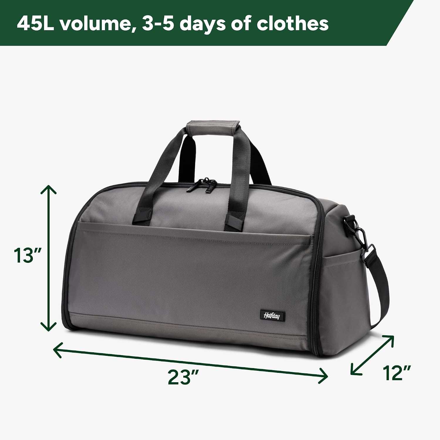 Halfday Convertible 2-in-1 Premium Garment Duffel Weekender Bag 45L: Wrinkle-Free Travel (Hanging Suit Compartment, Shoe Pockets, Trolley Sleeve), Balistic Nylon Carry-on, Ash