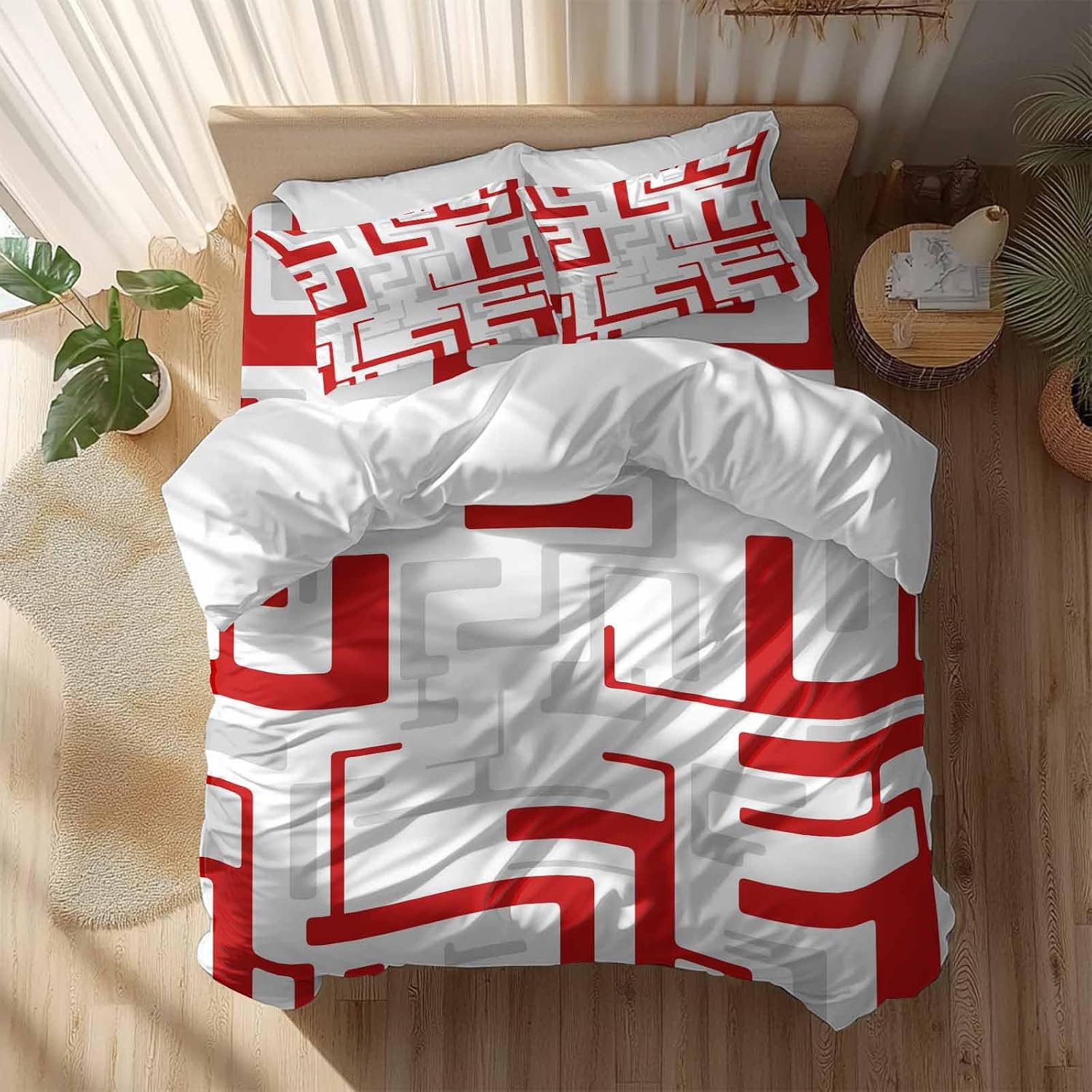 Prime Leader Red Gray Geometric Stripes Duvet Cover Set Queen Size 4 Pieces Modern Abstract Lines Maze Bedding Set with Zipper Closure, 1 Comforter Cover 90x92 Inches 1 Flat Sheet & 2 Pillow Cases