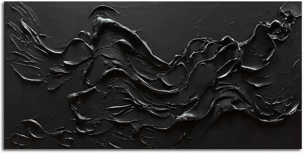 zoinart 100% Hand Painted Thick Texture Black Wall Art Minimalist Oil Painting Contemporary Art 24x48 Inches Oil on Canvas Black Texturd Wall Art Home Decoration