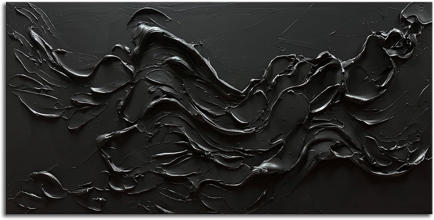 zoinart 100% Hand Painted Thick Texture Black Wall Art Minimalist Oil Painting Contemporary Art 24x48 Inches Oil on Canvas Black Texturd Wall Art Home Decoration
