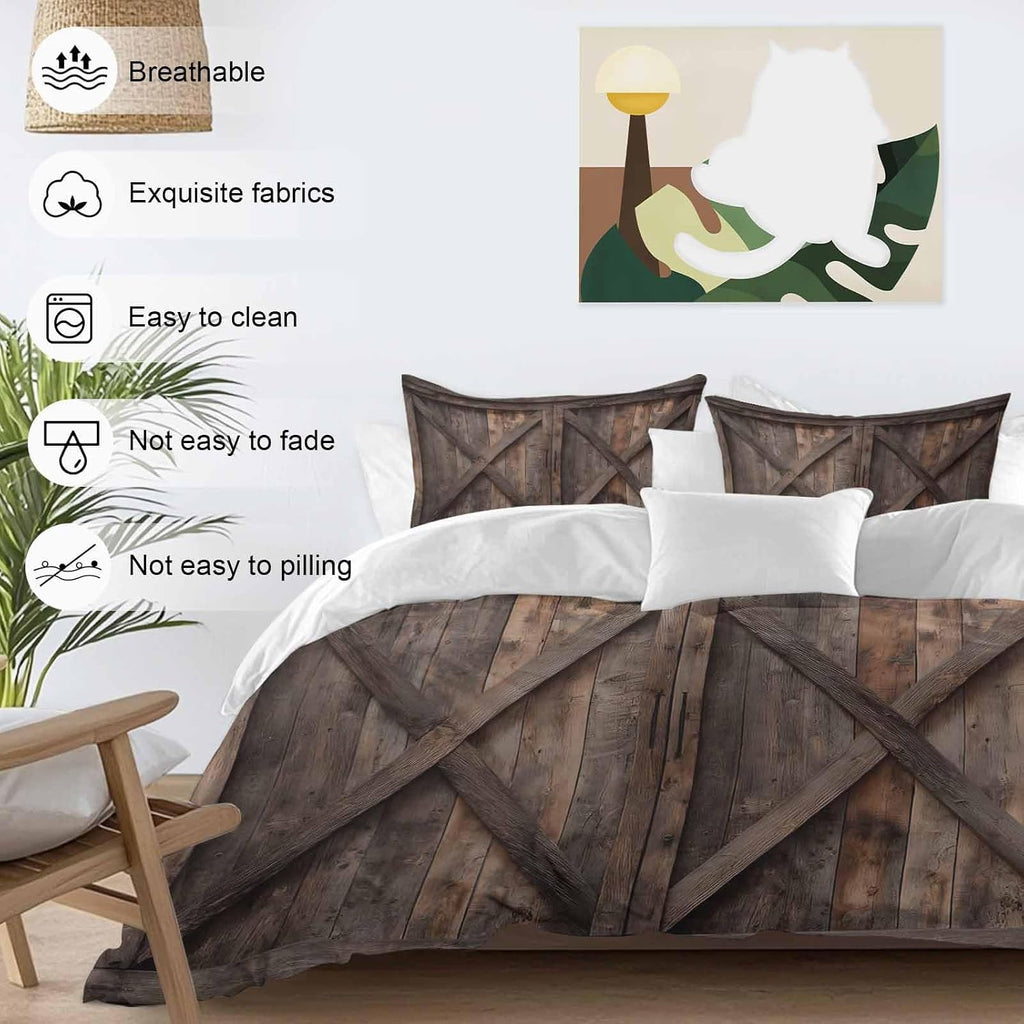 Farmhouse Duvet Cover Set Queen Size 4 Pieces Brown Country Style Barn Door Distressed Wood Grain Bedding Set with Zipper Closure, 1 Comforter Cover 90x92 Inches 1 Flat Sheet & 2 Pillow Cases
