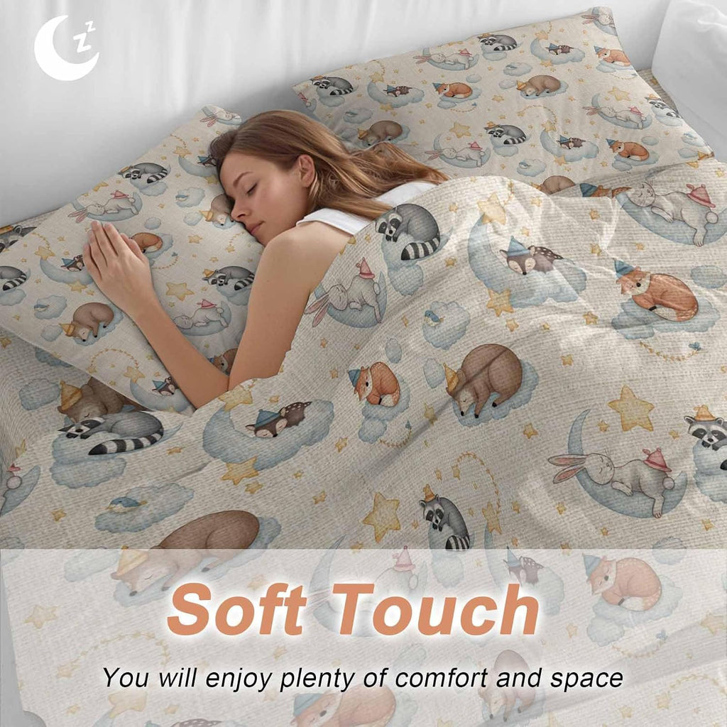 Cartoons Animals Duvet Cover Set Queen Size 4 Pieces Watercolor Fox Sleeping Raccoon Cute Rabbit Bedding Set with Zipper Closure, 1 Comforter Cover 86x86 Inches 1 Flat Sheet & 2 Pillow Cases