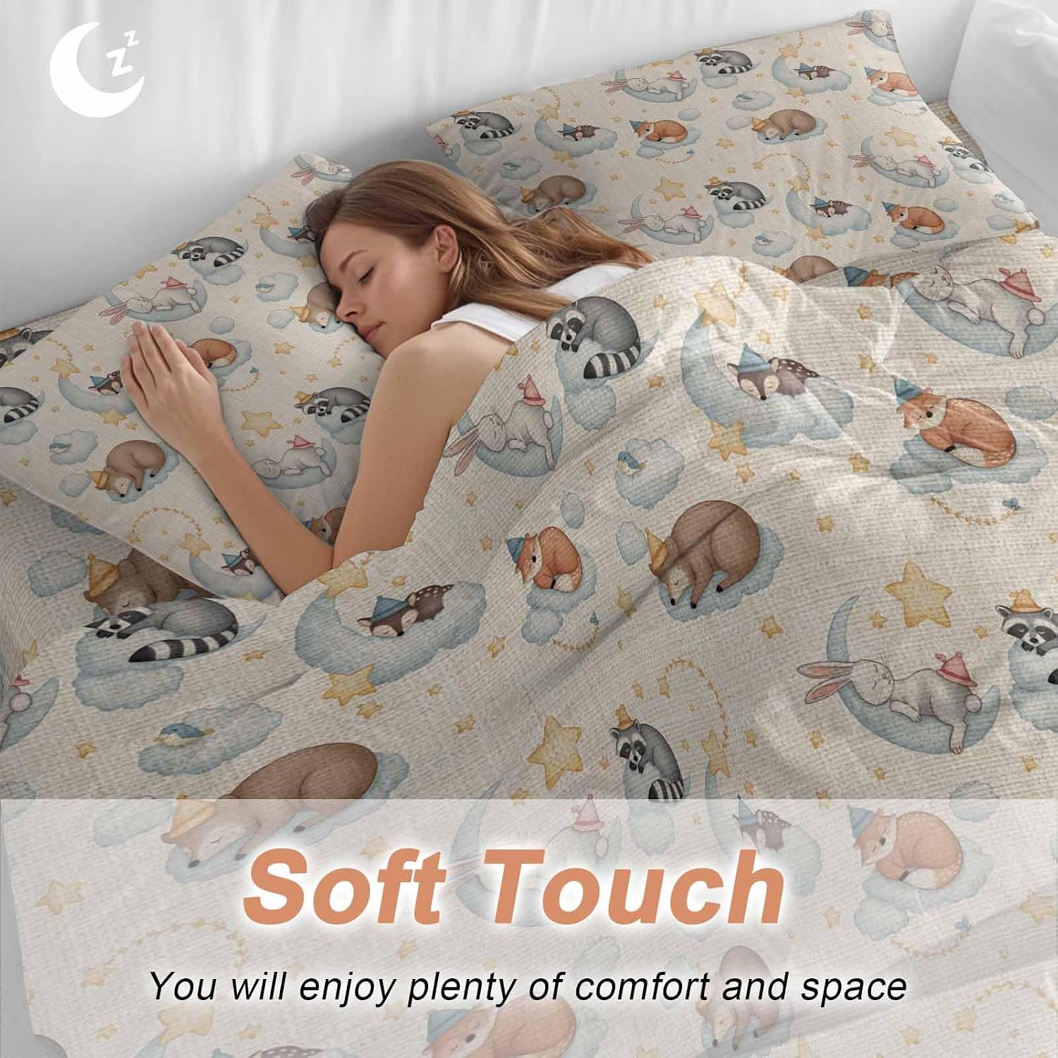 Cartoons Animals Duvet Cover Set Queen Size 4 Pieces Watercolor Fox Sleeping Raccoon Cute Rabbit Bedding Set with Zipper Closure, 1 Comforter Cover 86x86 Inches 1 Flat Sheet & 2 Pillow Cases