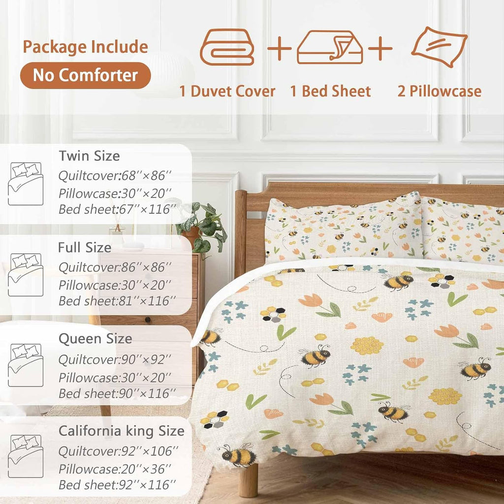 Spring Duvet Cover Set Queen Size 4 Pieces Cartoon Flower Farm Plants Watercolor Bee Yellow Honey Retro Bedding Set with Zipper Closure, 1 Comforter Cover 90x92 Inches 1 Flat Sheet & 2 Pillow Cases