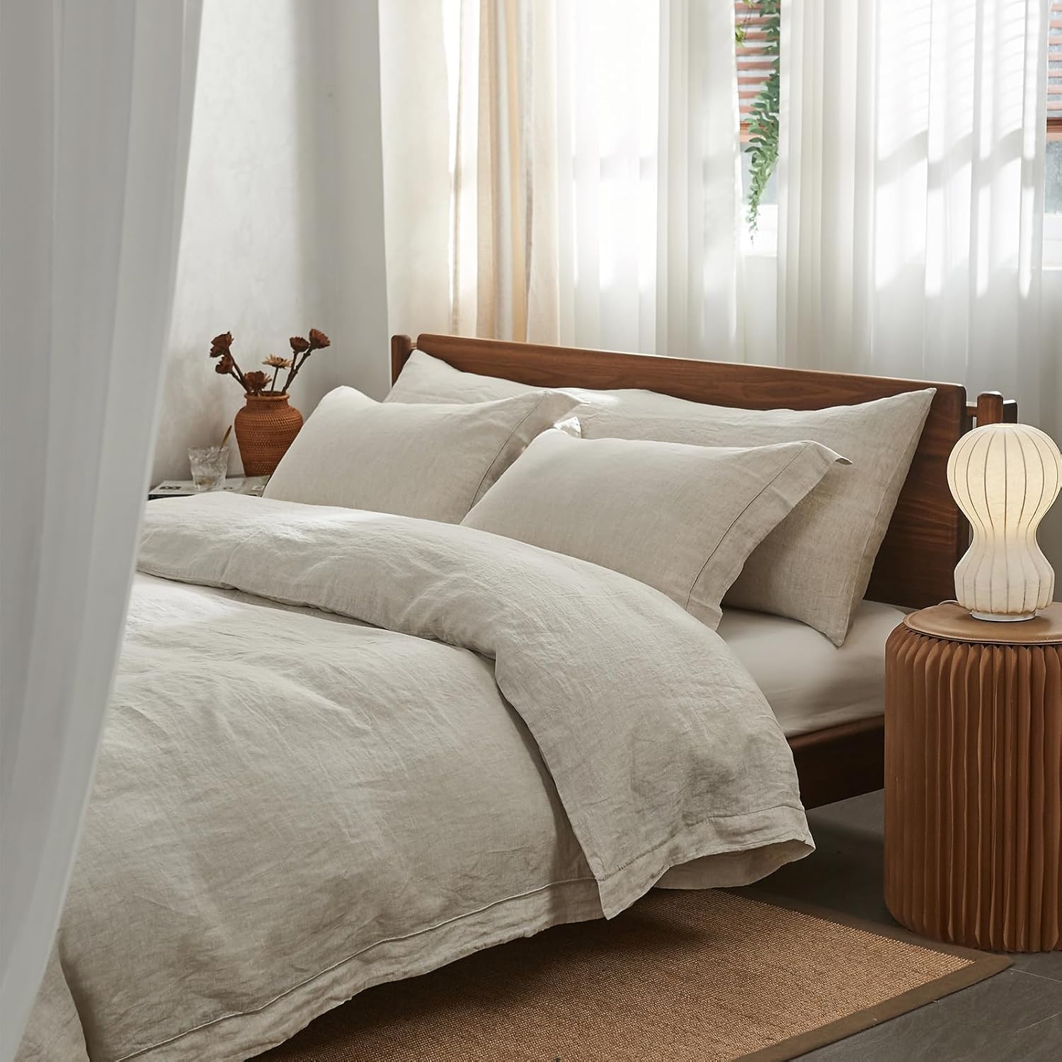 Simple&Opulence 100% Washed Linen Duvet Cover with Embroidered, 3 Pieces Soft Farmhouse Comforter Set with Button Closure, 1 Duvet Cover and 2 Pillowshams(Full,Natural Linen)