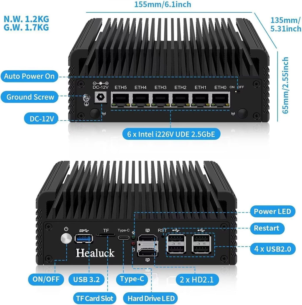 Firewall Mini PC Core 3 N300(8C/8T), 6 x 2.5GbE i226V LAN 4USB 2HD Type C TF Slot, DDR5 0GB RAM 0GB NVMe SSD, Fanless Router Hardware, Micro Computer Appliance, 4K Triple Display