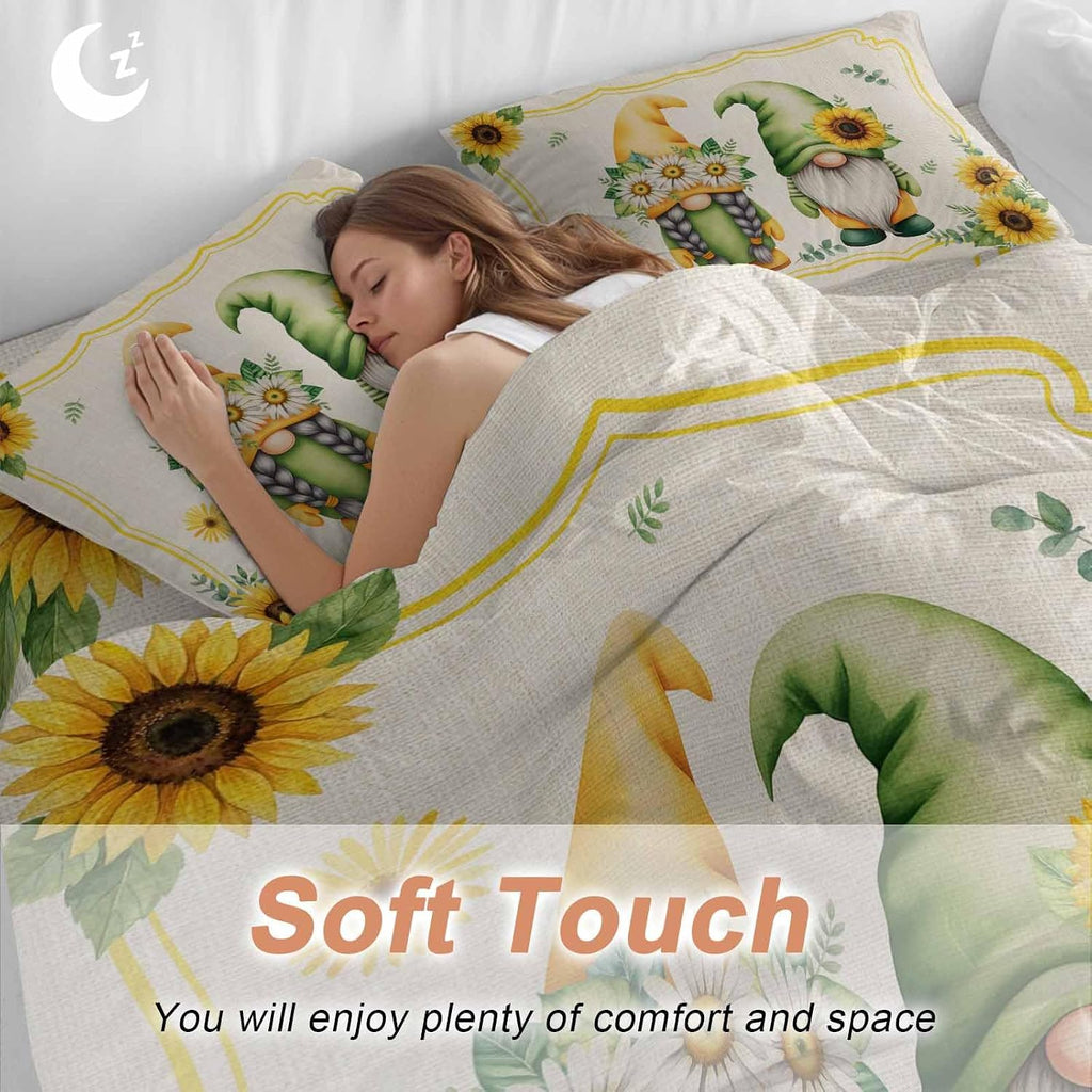 Prime Leader Summer Dwarfs Duvet Cover Set Queen Size 4 Pieces Yellow Sunflower Daisy Field Plant Vintage Bedding Set with Zipper Closure, 1 Comforter Cover 90x92 Inches 1 Flat Sheet & 2 Pillow Cases