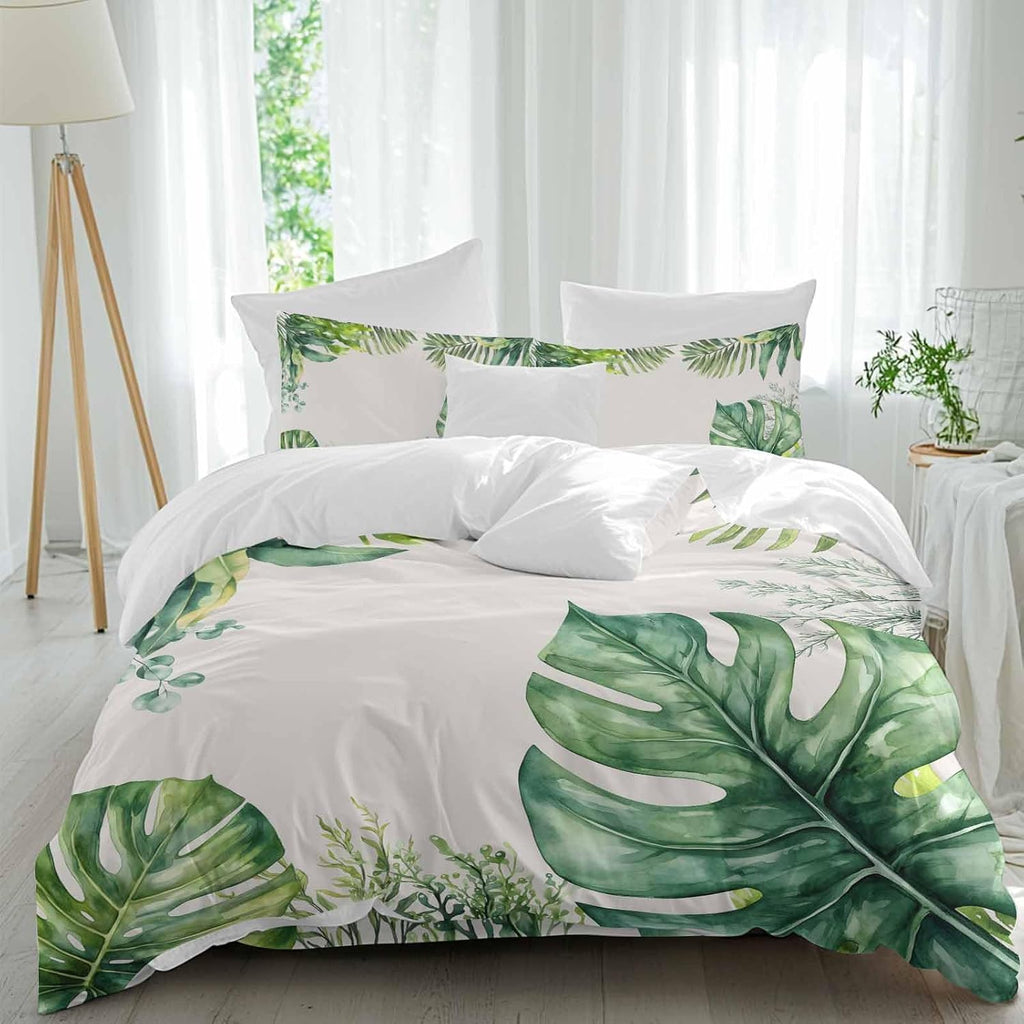 Tropical Leaf Duvet Cover Set Queen Size 4 Pieces Palms Monstera Leaves Green Plant Botanical Bedding Set with Zipper Closure, 1 Comforter Cover 86x86 Inches 1 Flat Sheet & 2 Pillow Cases