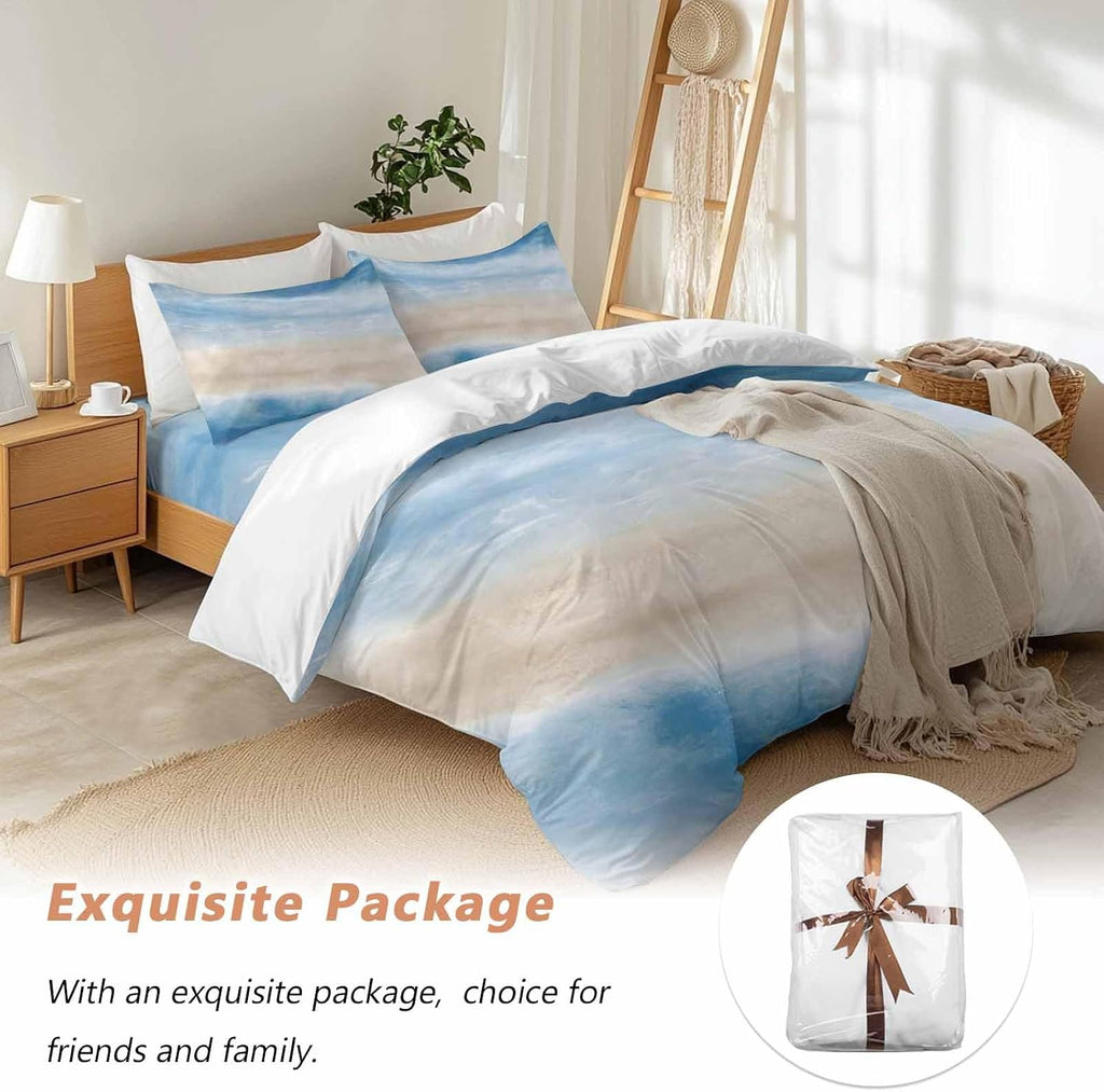Summer Beach Duvet Cover Set Queen Size 4 Pieces Dark Blue Gradient Ocean Wave Beige Sand Abstract Bedding Set with Zipper Closure, 1 Comforter Cover 90x92 Inches 1 Flat Sheet & 2 Pillow Cases