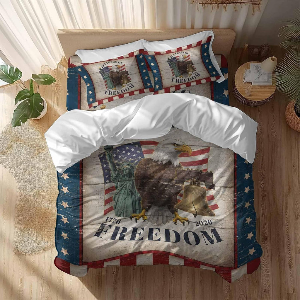 250 Years of Freedom Duvet Cover Set Queen Size 4 Pieces Patriotic Bald Eagle Star Stripe Wooden Bedding Set with Zipper Closure, 1 Comforter Cover 90x92 Inches 1 Flat Sheet & 2 Pillow Cases