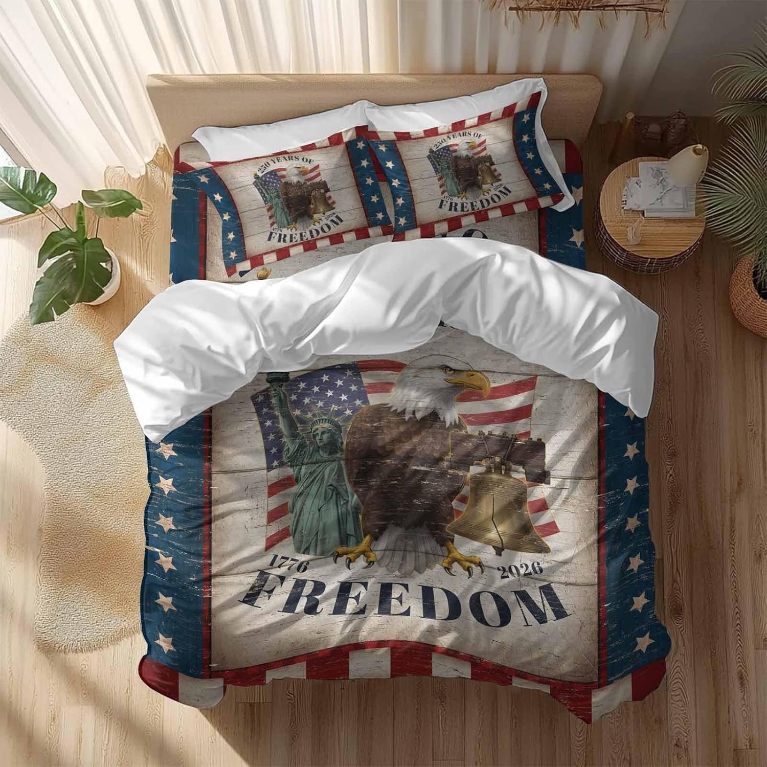 250 Years of Freedom Duvet Cover Set Queen Size 4 Pieces Patriotic Bald Eagle Star Stripe Wooden Bedding Set with Zipper Closure, 1 Comforter Cover 90x92 Inches 1 Flat Sheet & 2 Pillow Cases
