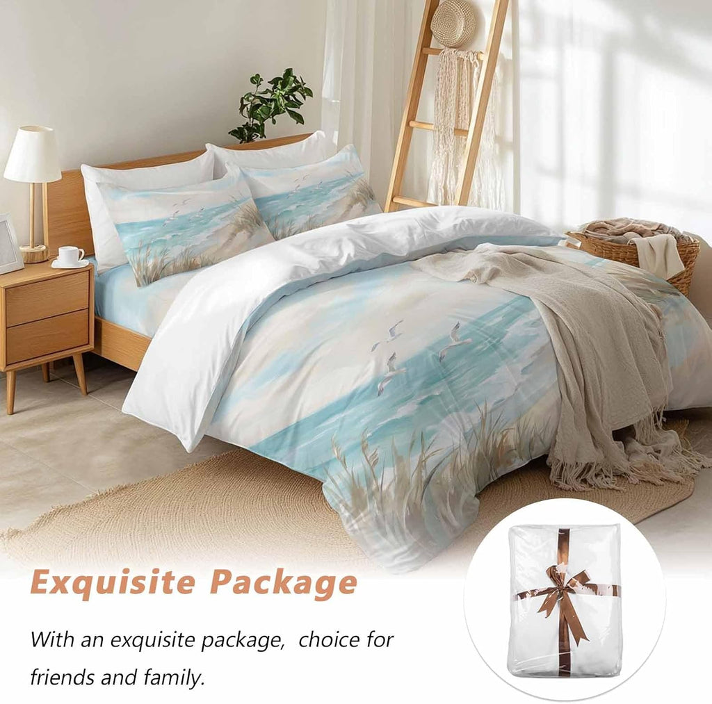 Coastal Seagulls Duvet Cover Set Queen Size 4 Pieces Beach Ocean Sky Oil Paintings Style Summer Bedding Set with Zipper Closure, 1 Comforter Cover 86x86 Inches 1 Flat Sheet & 2 Pillow Cases