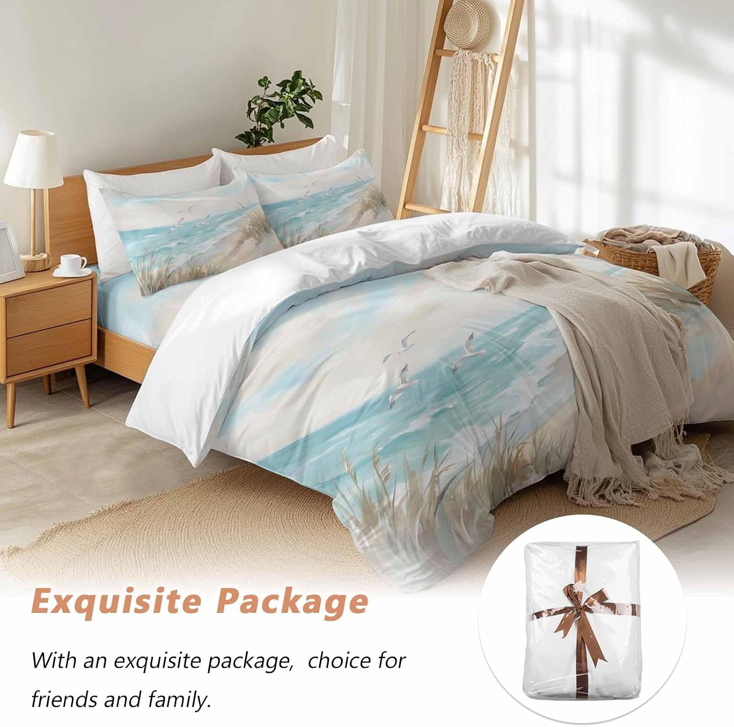 Coastal Seagulls Duvet Cover Set Queen Size 4 Pieces Beach Ocean Sky Oil Paintings Style Summer Bedding Set with Zipper Closure, 1 Comforter Cover 86x86 Inches 1 Flat Sheet & 2 Pillow Cases
