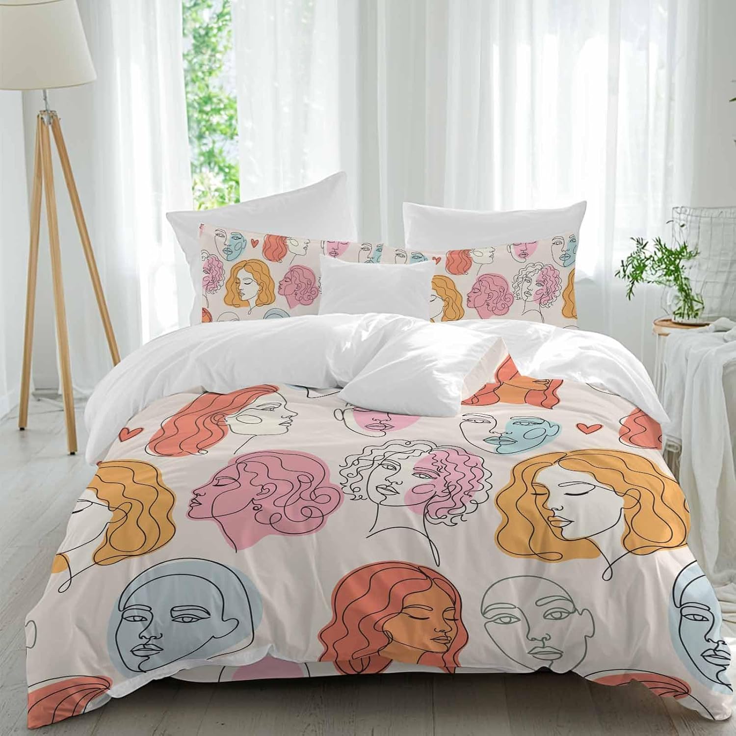 Abstract Face Painting Duvet Cover Set Queen Size 4 Pieces Boho Pink Portraits Minimalist Line Bedding Set with Zipper Closure, 1 Comforter Cover 86x86 Inches 1 Flat Sheet & 2 Pillow Cases