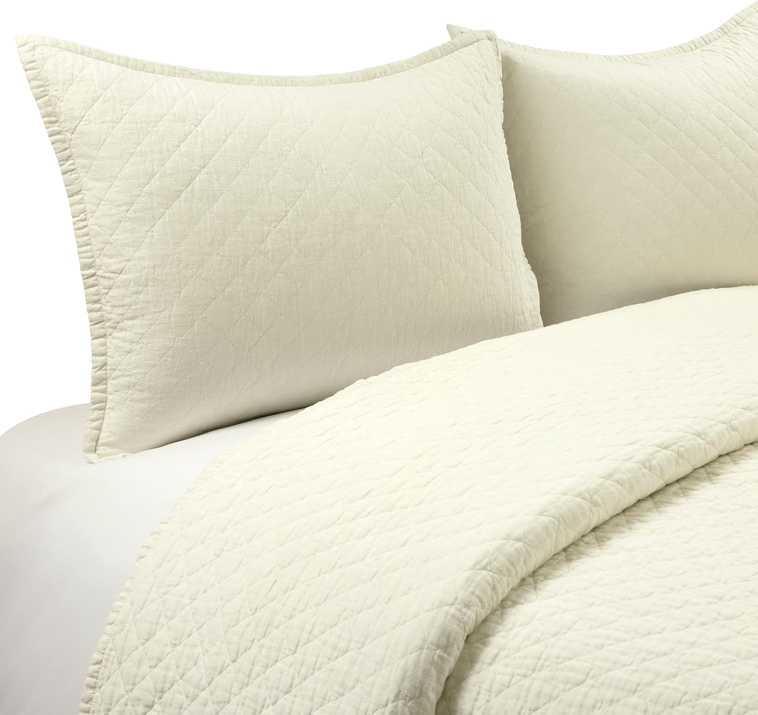 Lush Decor Belgian Flax Linen Blend Quilt Queen Size 3 Piece Set Full/Queen Ivory - Linen Bedding Set Queen Quilt - Cream Bedding - Modern Decor