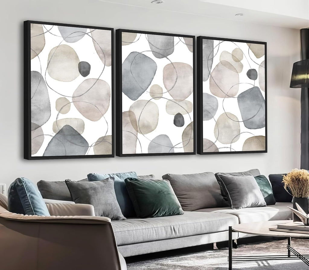 Large Abstract Canvas Wall Art - Geometric Framed Wall Decor Modern Circles and Lines Paintings Light Colors Minimalist Pictures for Living Room Bedroom Office Bathroom 24' X 36' X 3 Panels