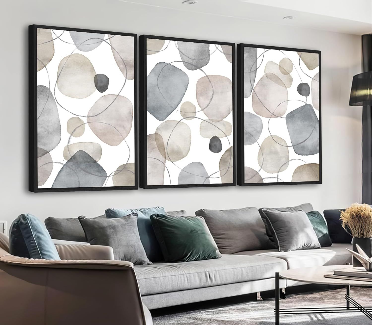 Large Abstract Canvas Wall Art - Geometric Framed Wall Decor Modern Circles and Lines Paintings Light Colors Minimalist Pictures for Living Room Bedroom Office Bathroom 24' X 36' X 3 Panels