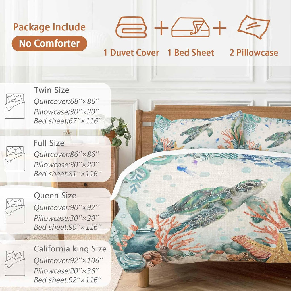 Summer Ocean Turtle Duvet Cover Set Queen Size 4 Pieces Nautical Colorful Sea Fish Octopus Coral Linen Bedding Set with Zipper Closure, 1 Comforter Cover 90x92 Inches 1 Flat Sheet & 2 Pillow Cases