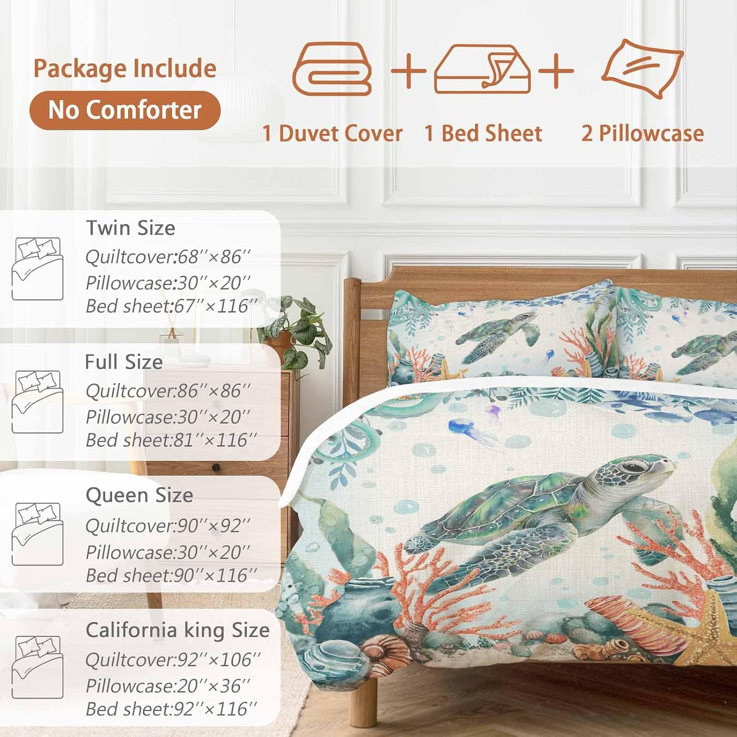 Summer Ocean Turtle Duvet Cover Set Queen Size 4 Pieces Nautical Colorful Sea Fish Octopus Coral Linen Bedding Set with Zipper Closure, 1 Comforter Cover 90x92 Inches 1 Flat Sheet & 2 Pillow Cases
