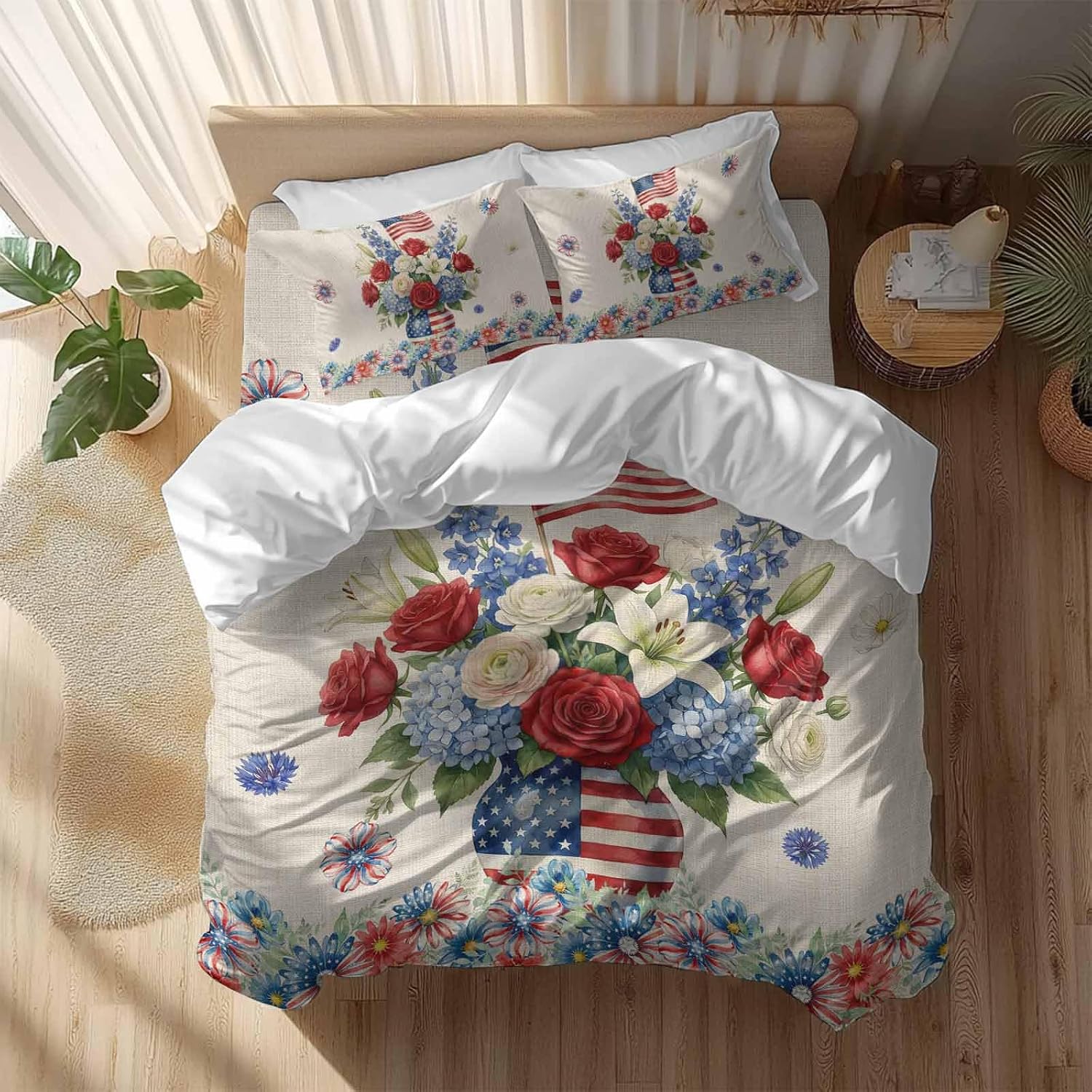 Independence Day Duvet Cover Set Queen Size 4 Pieces Red Blue USA Flag Penang Flower Stars Linen Texture Bedding Set with Zipper Closure, 1 Comforter Cover 90x92 Inches 1 Flat Sheet & 2 Pillow Cases