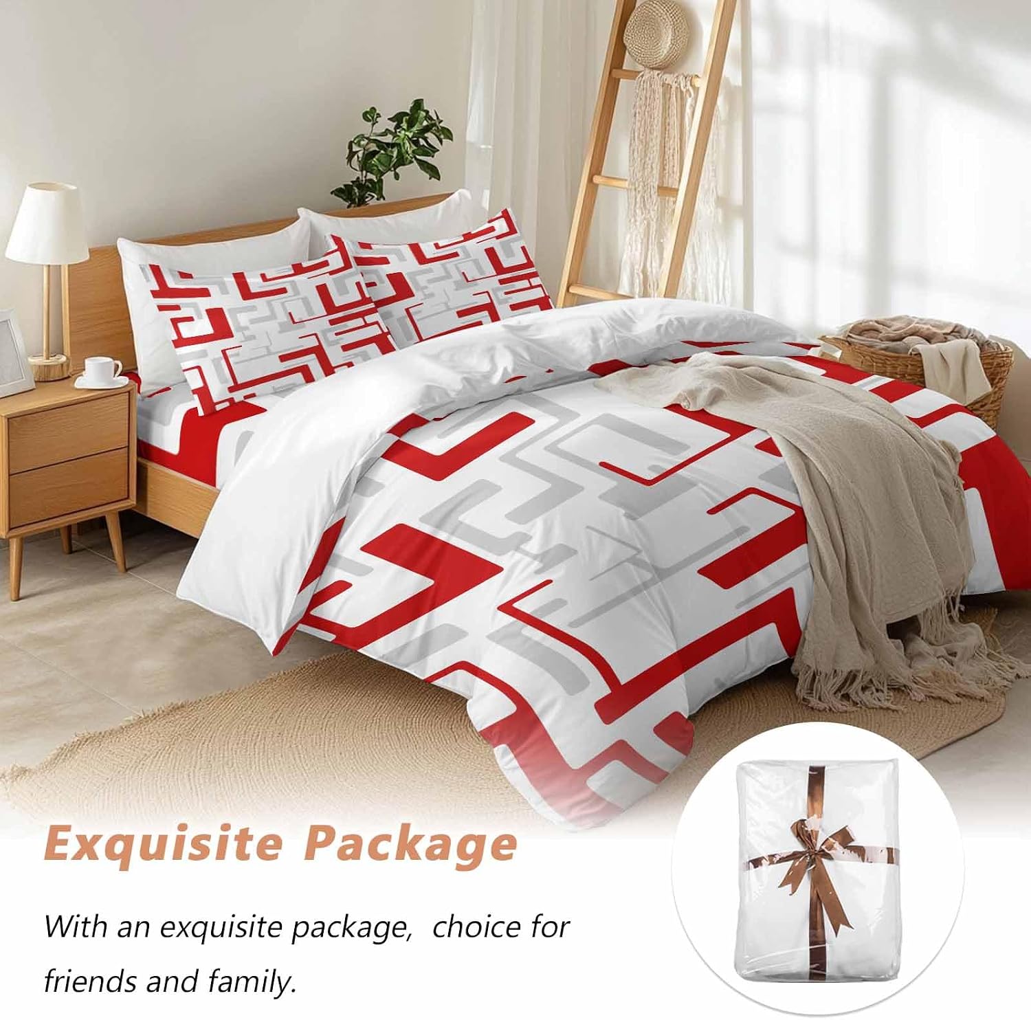 Prime Leader Red Gray Geometric Stripes Duvet Cover Set Queen Size 4 Pieces Modern Abstract Lines Maze Bedding Set with Zipper Closure, 1 Comforter Cover 90x92 Inches 1 Flat Sheet & 2 Pillow Cases