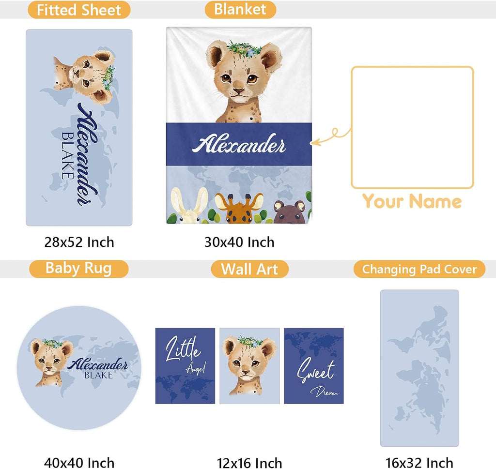 Terwex Personalized Baby Crib Bedding Set, 5 Pcs Custom Name Nursery Bedding Set, Deep Blue Leopard Baby Bedding Set for Boys, Double Layer Baby Crib Sets, Customized Gifts for Toddlers Kids Infants