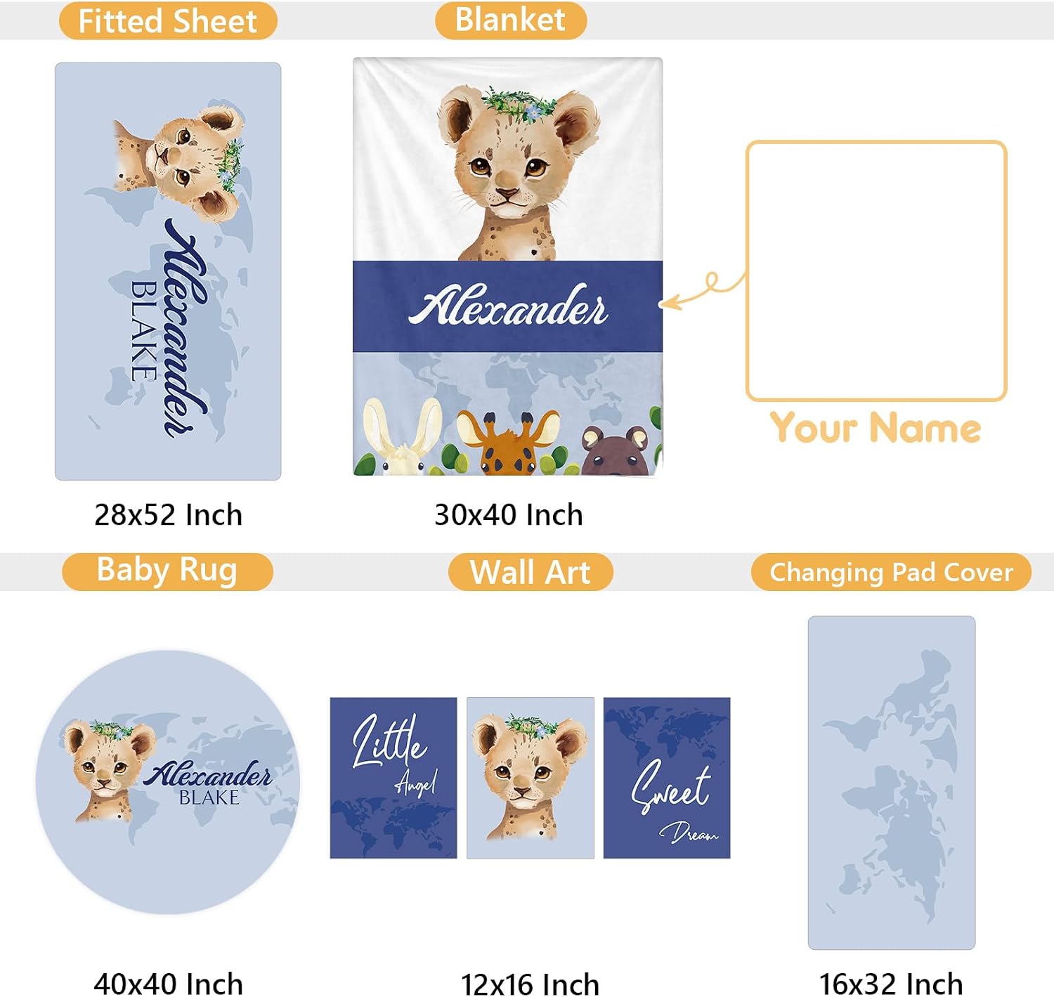 Terwex Personalized Baby Crib Bedding Set, 5 Pcs Custom Name Nursery Bedding Set, Deep Blue Leopard Baby Bedding Set for Boys, Double Layer Baby Crib Sets, Customized Gifts for Toddlers Kids Infants