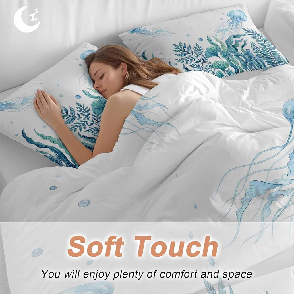 Prime Leader Blue Summer Ocean Duvet Cover Set Queen Size 4 Pieces Jellyfish Seaweed Watercolor Coastal Bedding Set with Zipper Closure, 1 Comforter Cover 90x92 Inches 1 Flat Sheet & 2 Pillow Cases
