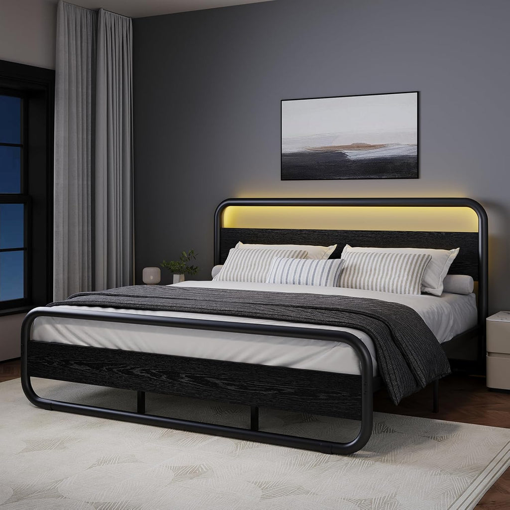 Catrimown King Size Bed Frame, Heavy Duty Metal Rustic King Platform Bed Frame with Wood Headboard, Under Bed Storage, Noise Free, No Box Spring Needed, Black