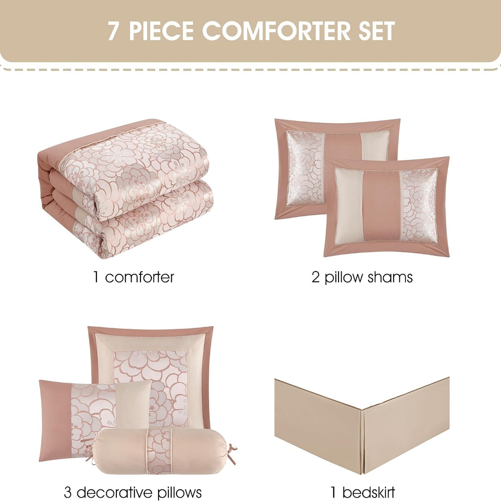 Grand Avenue Blush Comforter Set California King Size, 7 Piece Jacquard Soft Bedding Set, All Season, Bedskirt, Pillows & Shams