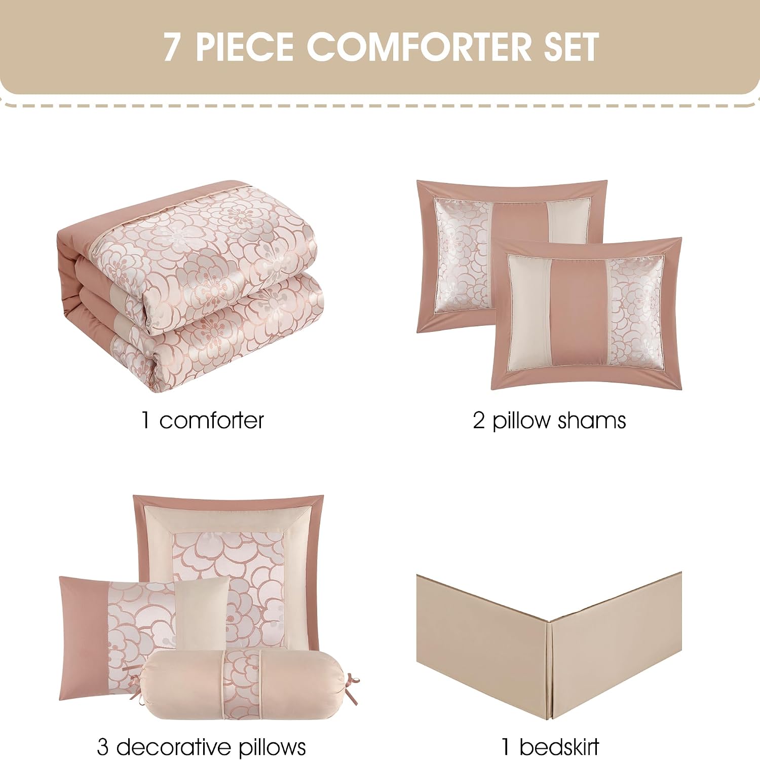 Grand Avenue Blush Comforter Set California King Size, 7 Piece Jacquard Soft Bedding Set, All Season, Bedskirt, Pillows & Shams
