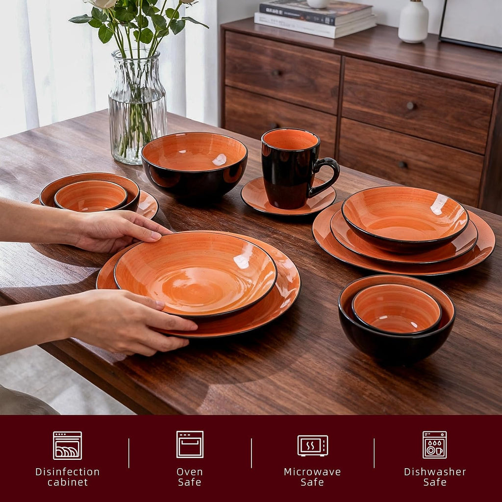 Stoneware Sonoma 56pc Dinnerware Set, Black + Speckled Spin Wash Orange