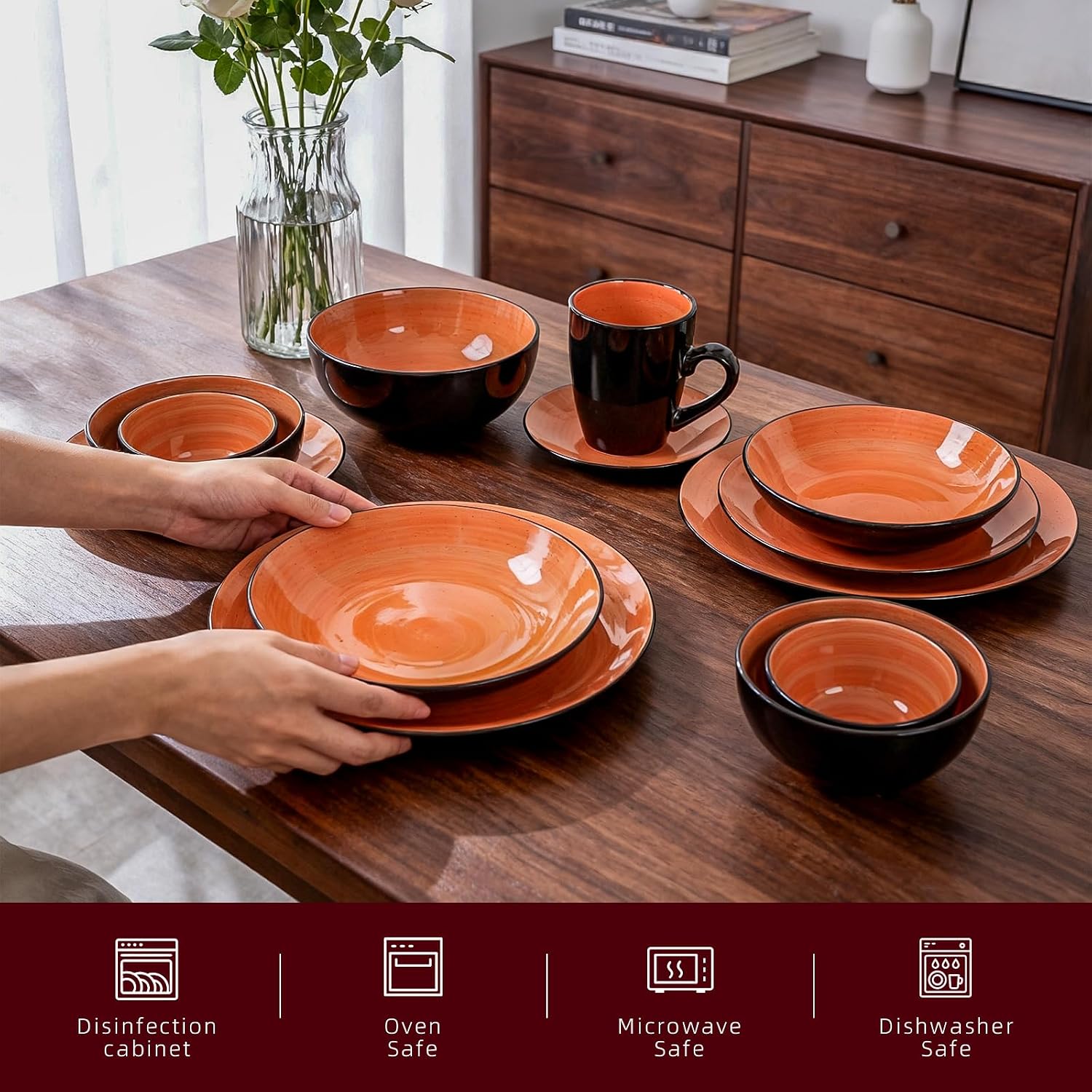 Stoneware Sonoma 56pc Dinnerware Set, Black + Speckled Spin Wash Orange
