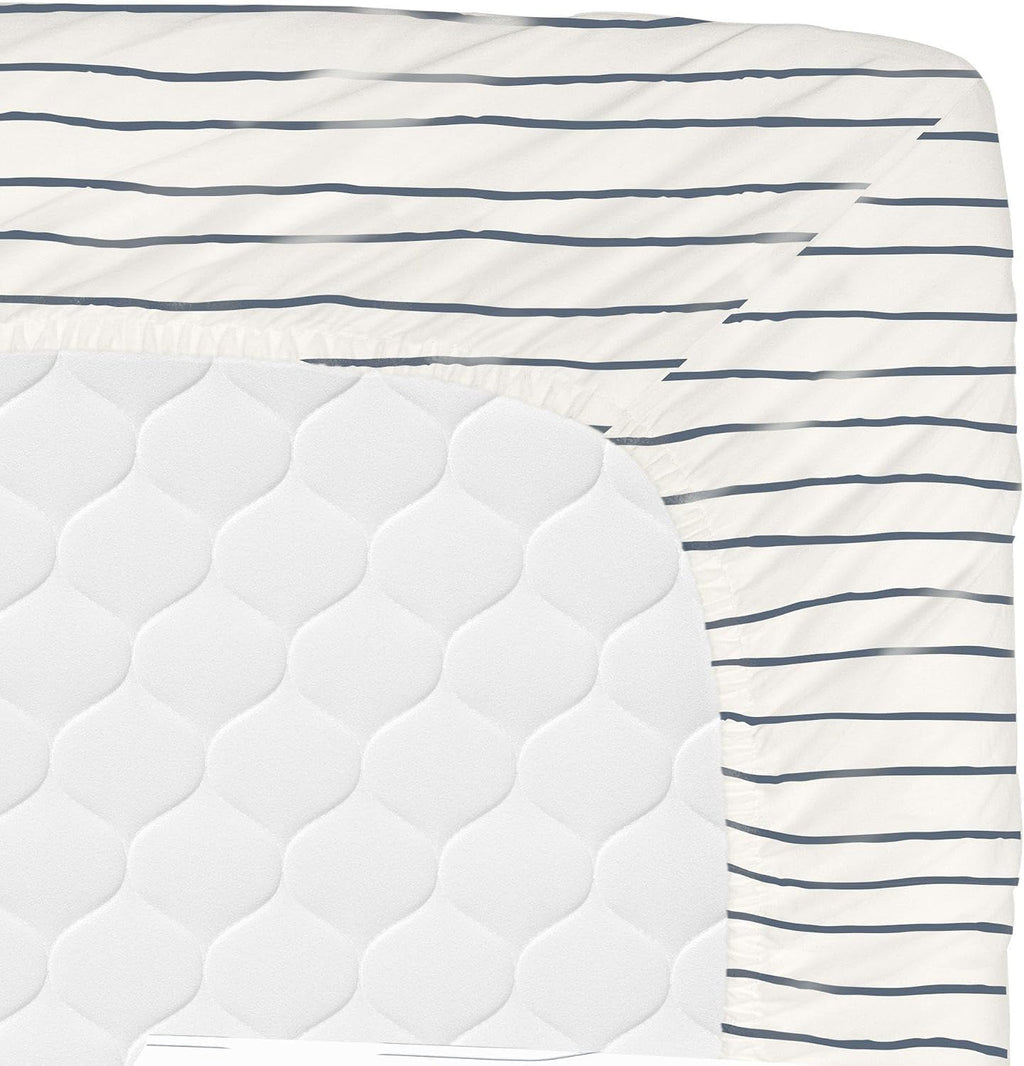 MakeMake Organics Organic Sheets (4 Piece) GOTS Certified Organic Cotton Queen Sheets Set Dreamy Soft Fitted Sheet Flat Sheet 2 Pillow Cases Kids Room (Queen, Blue Stripes)