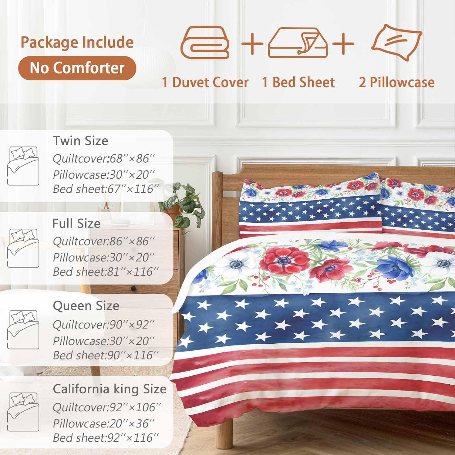 Independence Day Duvet Cover Set Queen Size 4 Pieces American Flag Red Blue Poppy Flower Country Bedding Set with Zipper Closure, 1 Comforter Cover 90x92 Inches 1 Flat Sheet & 2 Pillow Cases
