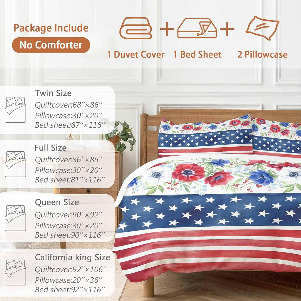 Independence Day Duvet Cover Set Queen Size 4 Pieces American Flag Red Blue Poppy Flower Country Bedding Set with Zipper Closure, 1 Comforter Cover 92x106 Inches 1 Flat Sheet & 2 Pillow Cases