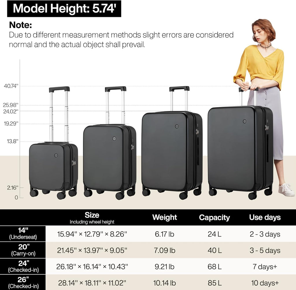 mixi Upgrade Luggage Suitcases with Spinner Wheels, Hardside Rolling Suitcase PC with TSA Lock Travel Case 24in Checked in, Fine Grid Black