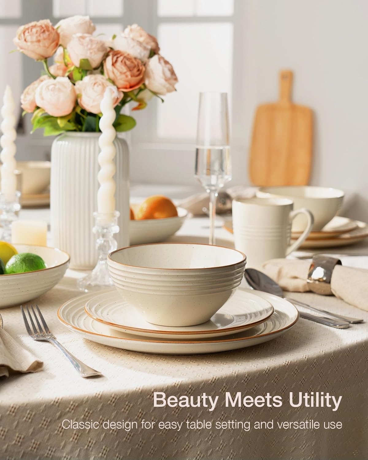 Famiware Jupiter 24-Piece Stoneware Dinnerware Set for 8, Handcrafted Plates and Bowls with Speckles & Embossed Swirls, Chip/Scratch Resistant, Microwave/Dishwasher Safe, Rustic Dishes, Vanilla White