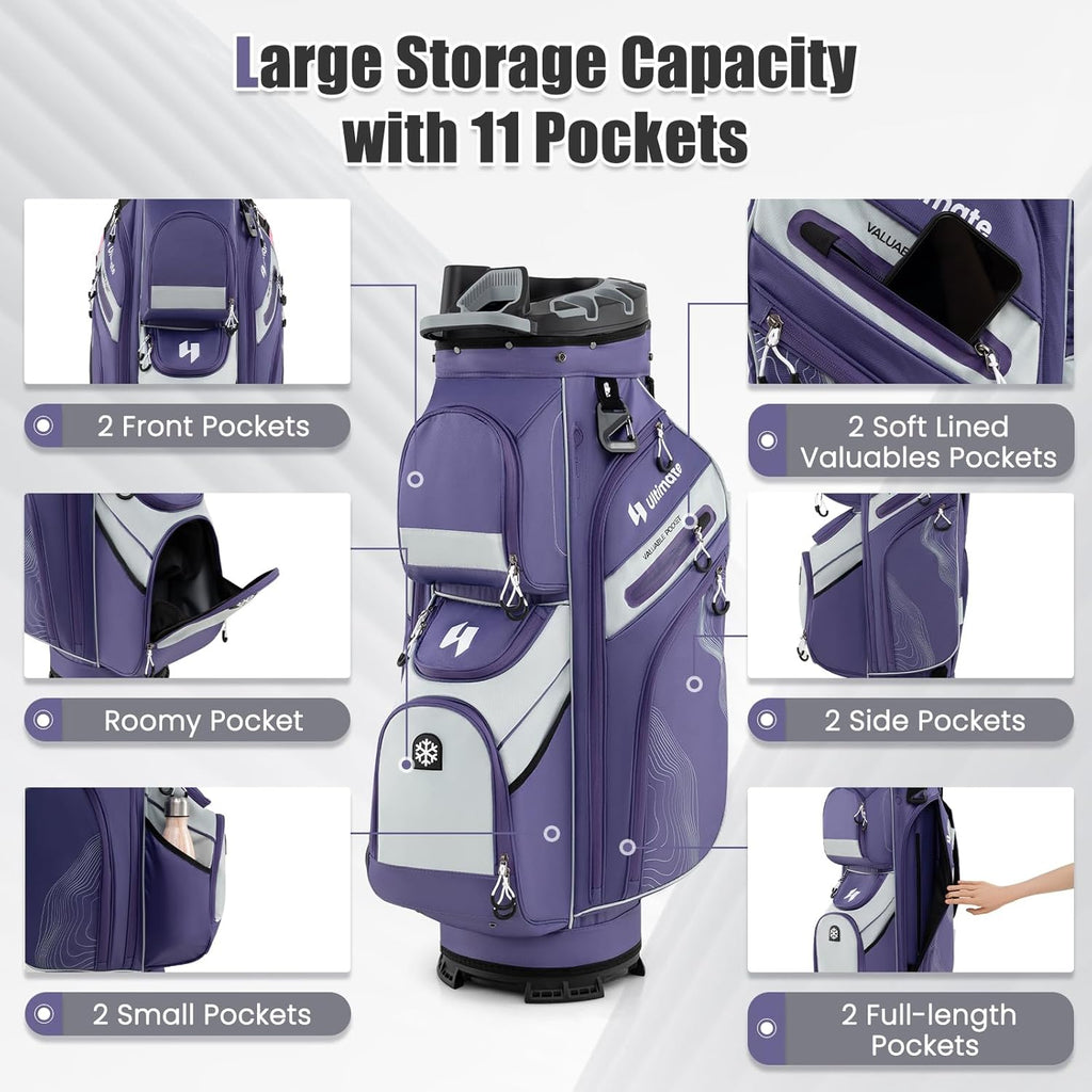 ULTIMATE 14-Way Golf Cart Bag, Golf Bag w/Molded Lock Top & Full Length Dividers, Portable Golf Club Bag w/11 Pockets, Cooler Bag, Padded Strap & Rain Hood for Men Women