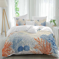 Prime Leader Ocean Corals Duvet Cover Set Queen Size 4 Pieces Summer Beach Coral Sea Stars Retro Texture Bedding Set with Zipper Closure, 1 Comforter Cover 86x86 Inches 1 Flat Sheet & 2 Pillow Cases