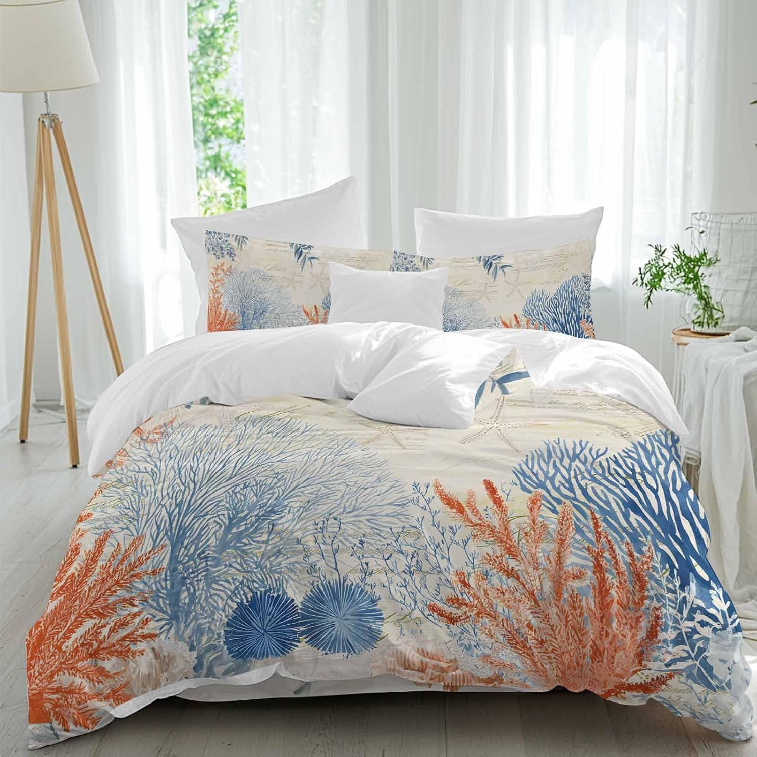 Prime Leader Ocean Corals Duvet Cover Set Queen Size 4 Pieces Summer Beach Coral Sea Stars Retro Texture Bedding Set with Zipper Closure, 1 Comforter Cover 86x86 Inches 1 Flat Sheet & 2 Pillow Cases