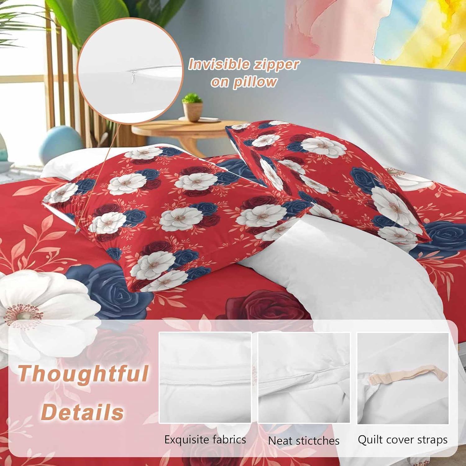 Prime Leader Independence Day Duvet Cover Set Queen Size 4 Pieces Red Blue White Roses Floral Leaf Red Bedding Set with Zipper Closure, 1 Comforter Cover 90x92 Inches 1 Flat Sheet & 2 Pillow Cases