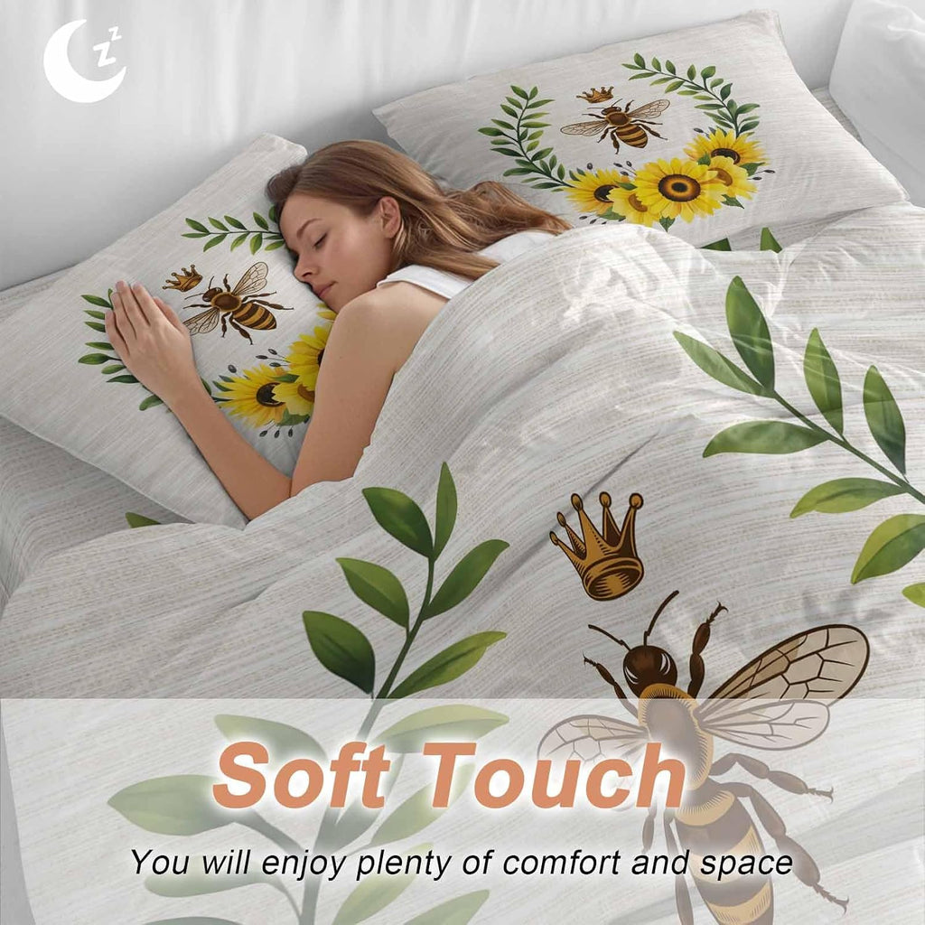 Retro Crown Bee Duvet Cover Set Queen Size 4 Pieces Country Sunflowers Green Leaves Wood Grain Bedding Set with Zipper Closure, 1 Comforter Cover 92x106 Inches 1 Flat Sheet & 2 Pillow Cases