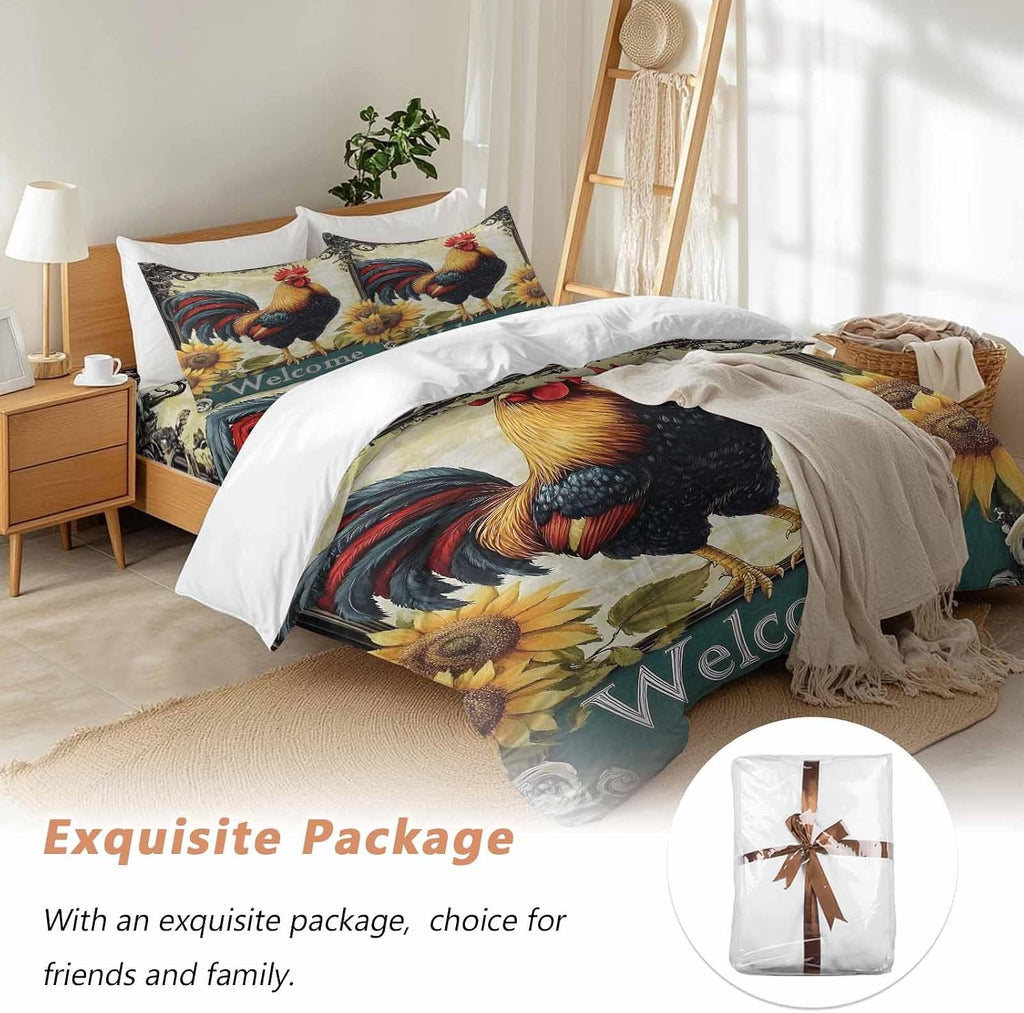 Rooster Chicken Duvet Cover Set Queen Size 4 Pieces Welcome Sunflower Watercolor Art Vintage Farm Bedding Set with Zipper Closure, 1 Comforter Cover 92x106 Inches 1 Flat Sheet & 2 Pillow Cases