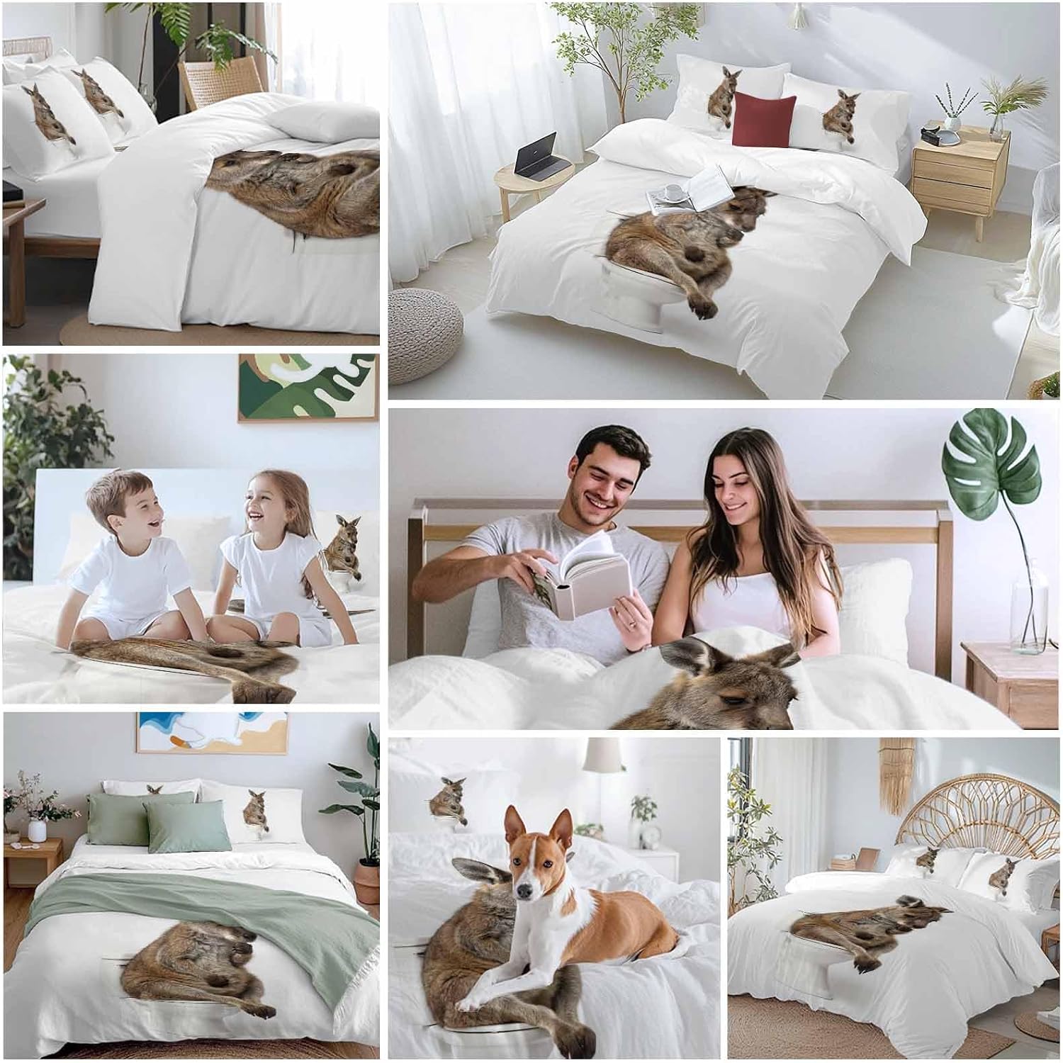 Kangaroo Sitting on The Toilet Thinking Duvet Cover Set Queen Size 4 Pieces Abstract Funny Animal Bedding Set with Zipper Closure, 1 Comforter Cover 90x92 Inches 1 Flat Sheet & 2 Pillow Cases