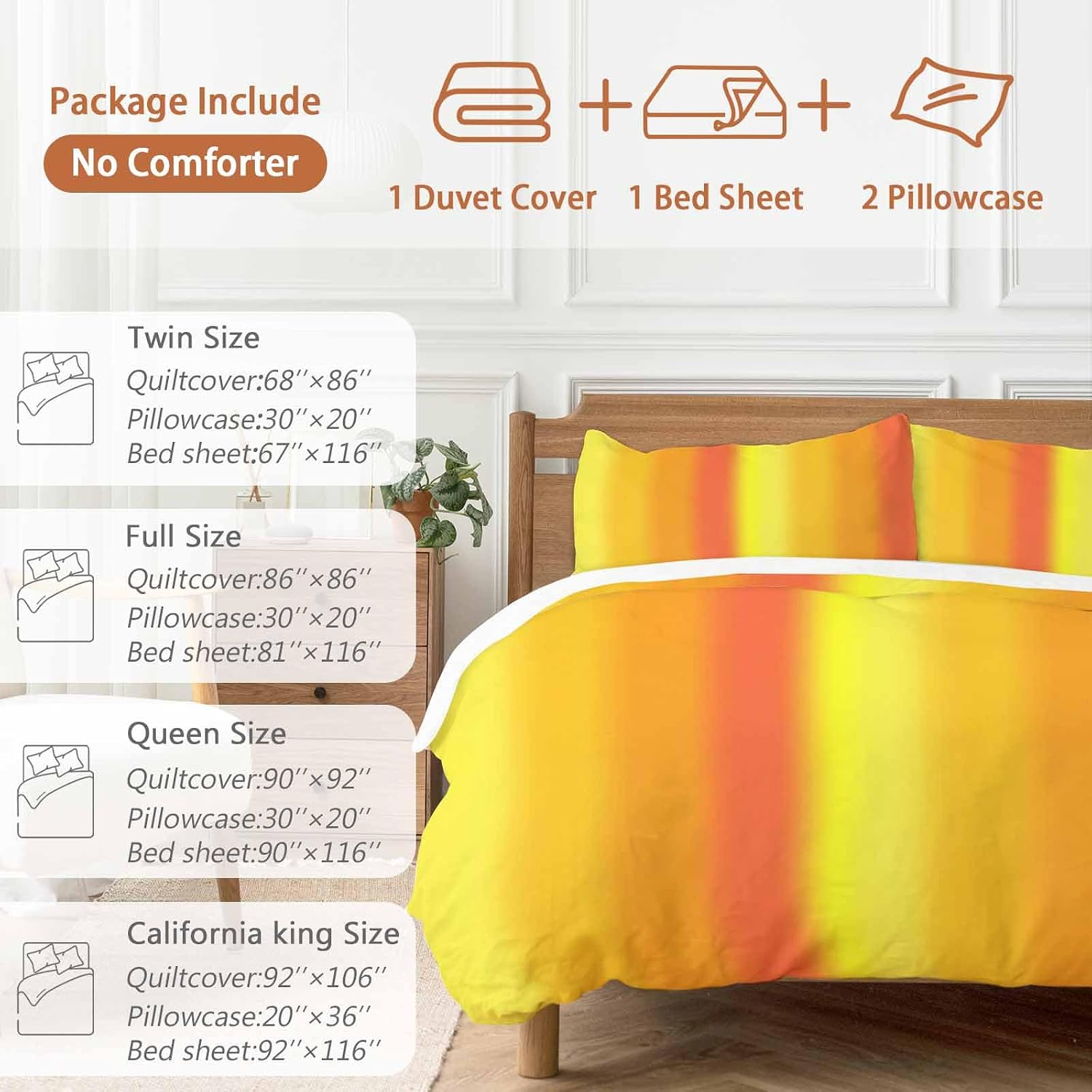 Yellow Orange Red Ombre Duvet Cover Set Queen Size 4 Pieces Minimalist Abstract Stripes Texture Bedding Set with Zipper Closure, 1 Comforter Cover 92x106 Inches 1 Flat Sheet & 2 Pillow Cases