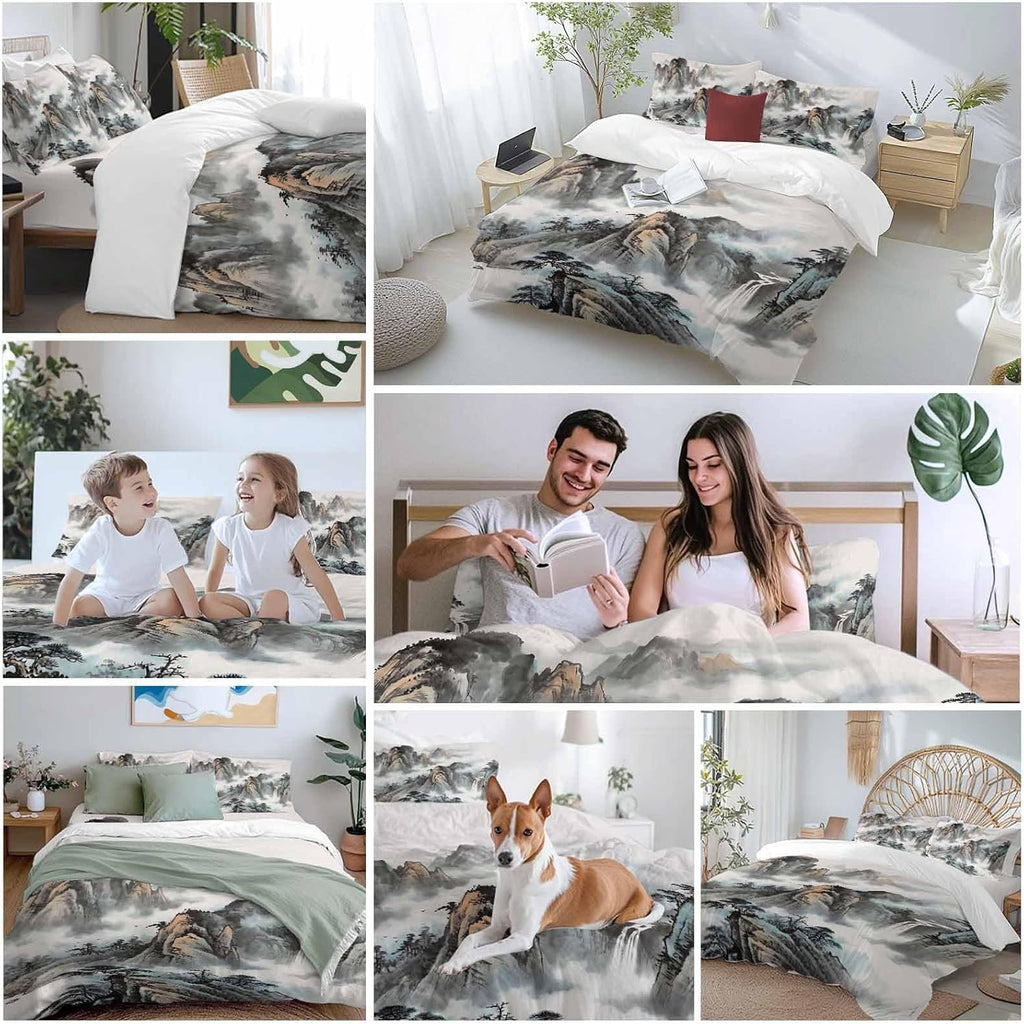 Prime Leader Mountain Cloud Duvet Cover Set Queen Size 4 Pieces Tree Water Ink Painting Chinese Wind Bedding Set with Zipper Closure, 1 Comforter Cover 92x106 Inches 1 Flat Sheet & 2 Pillow Cases